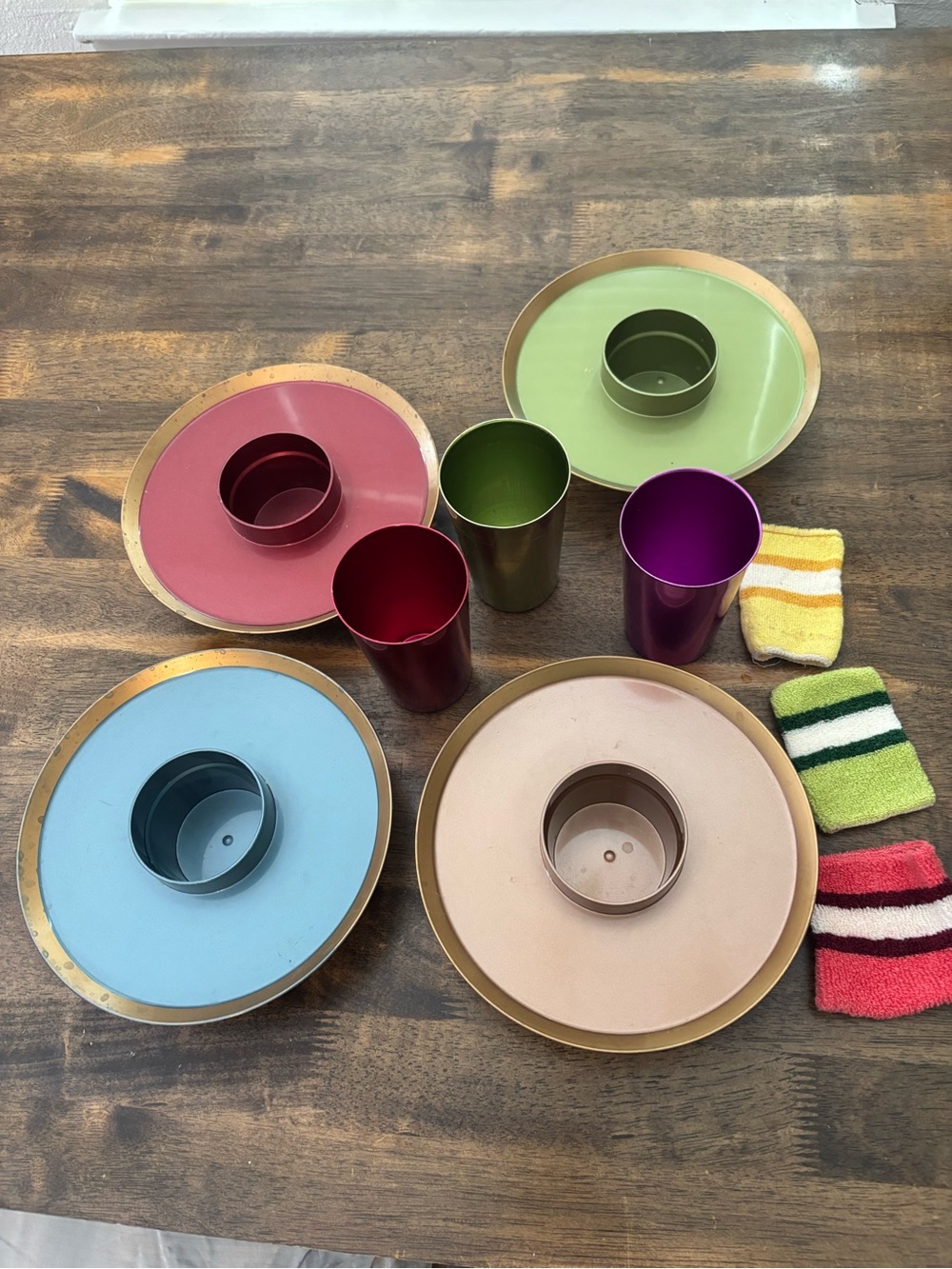 50s Vintage Midcentury Modern Snack Set Aluminum Cups with plates